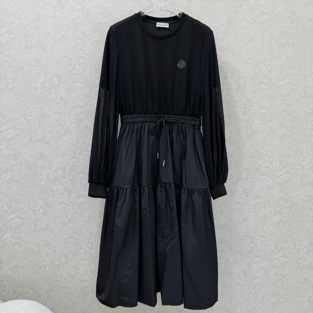 Moncler New Black Dress with Mesh Trim Sleeves